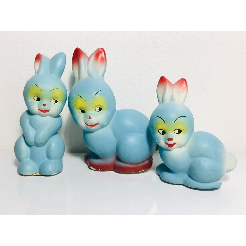 Set of 3 Vintage Paper Mache Easter Rabbits Bunny Trio Germany Rare Blue